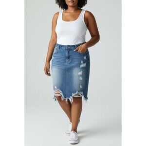 Distressed Denim Skirt With Frayed Hem & Ripped Details Medium Wash 2XL Size Cas